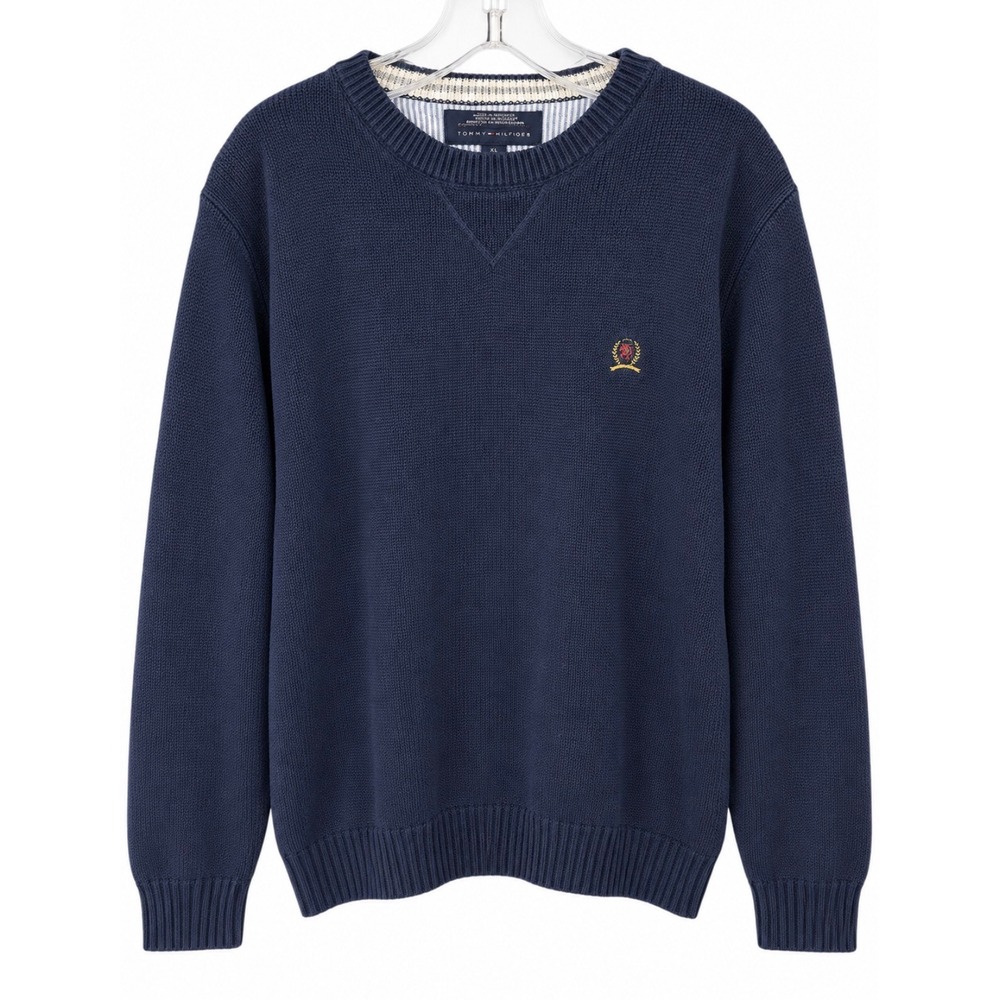 Tommy Hilfiger Vintage Sweater Men's Large Blue Crewneck Crest Logo Y2K Sweater